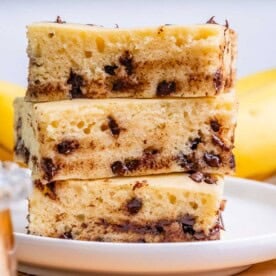 3 pancake squares stacked over each other on a plate.