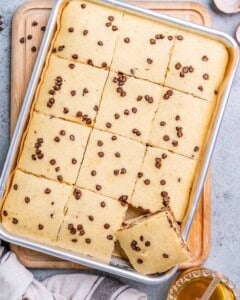 Chocolate chip sheet pan pancakes cut into squares.