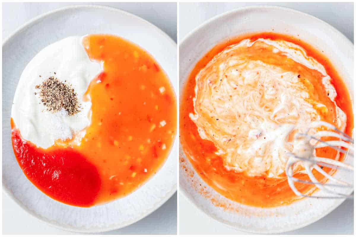process shot to mix the ingredients for Bang Bang sauce in a bowl.