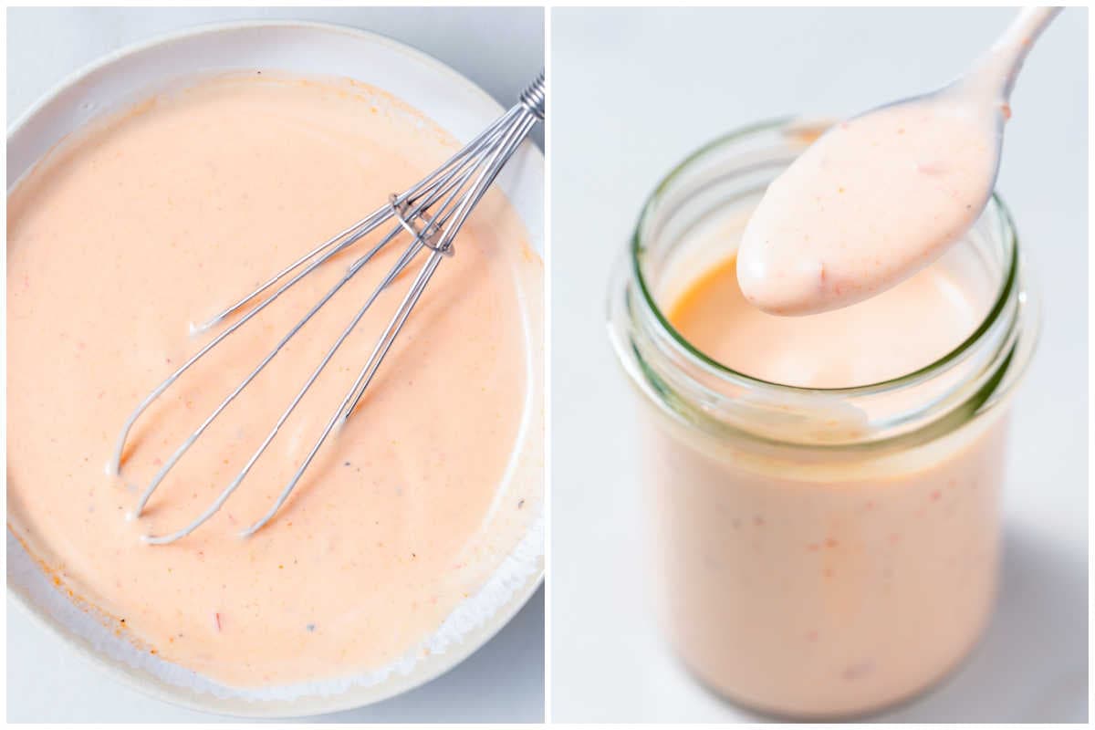 process shot to fully mix the sauce and adding it to a jar.