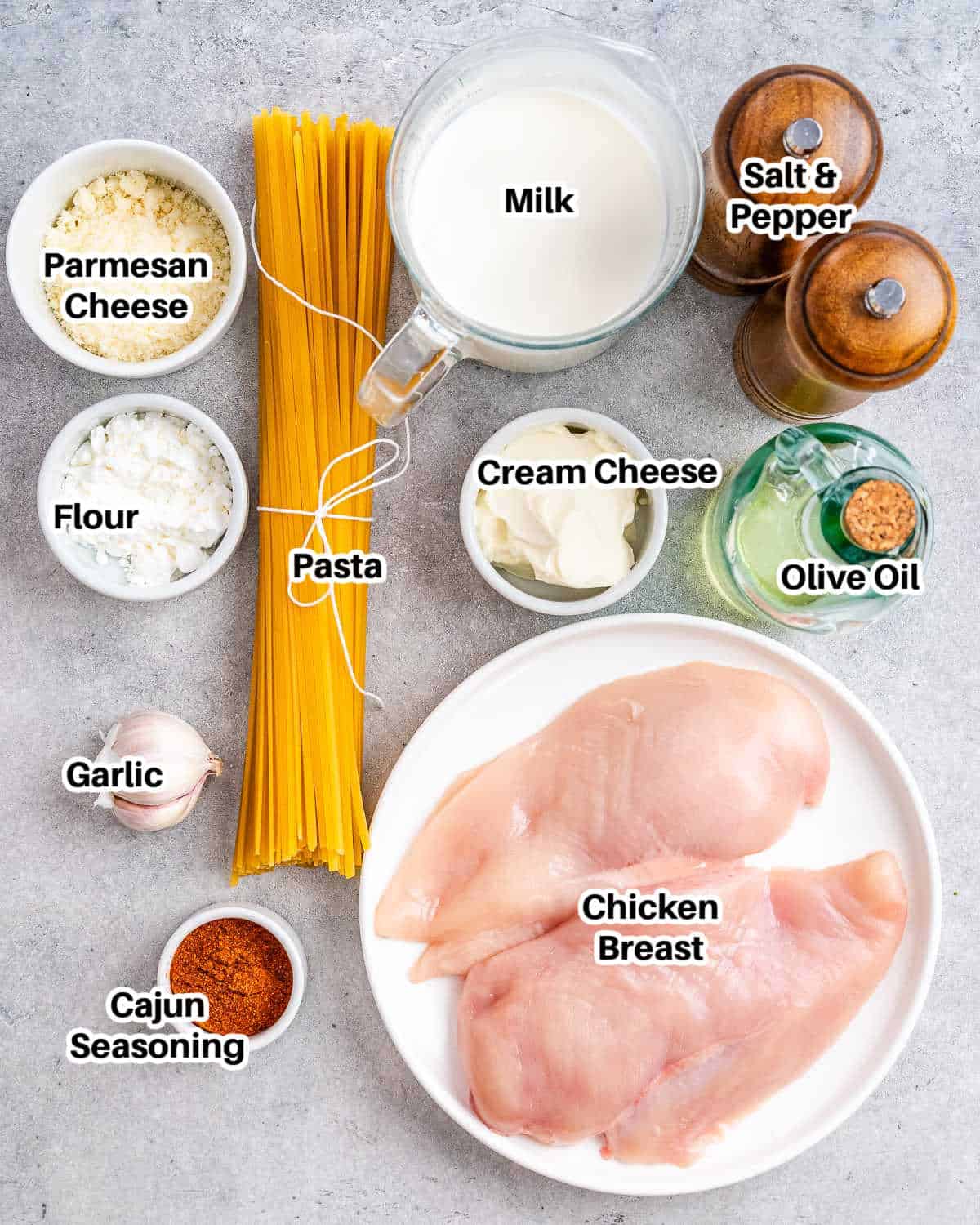 ingredients to make Cajun chicken alfredo.