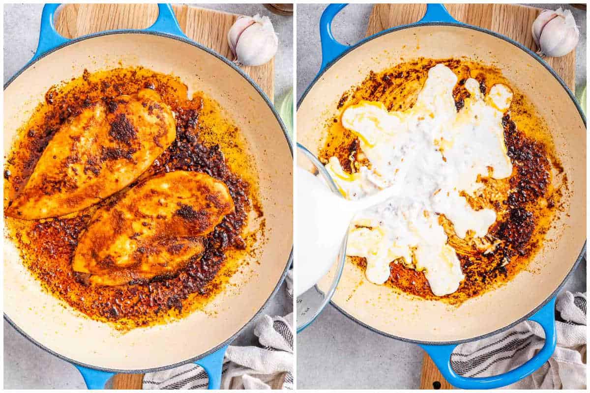 process shot showing cooking the chicken and making the sauce in the skillet.