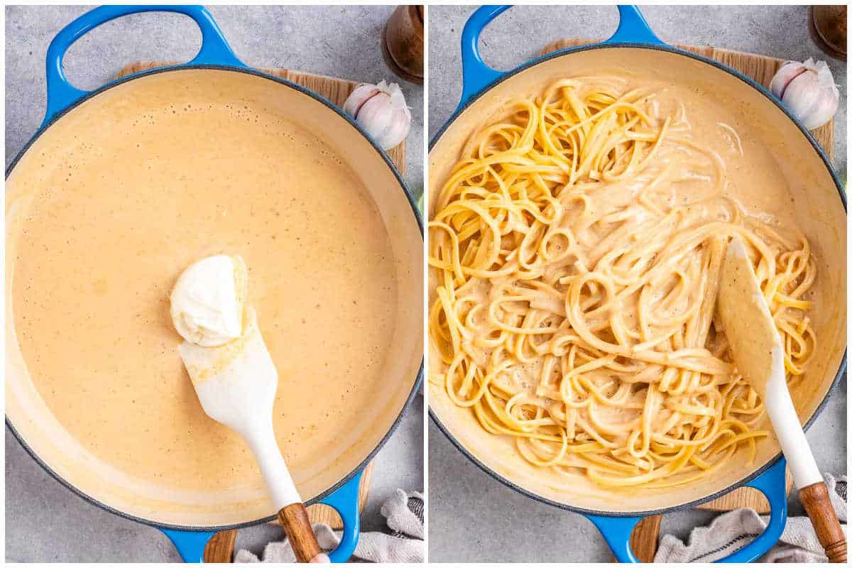 process shot of adding cream cheese to the sauce in the skillet, and then adding the pasta over the sauce.