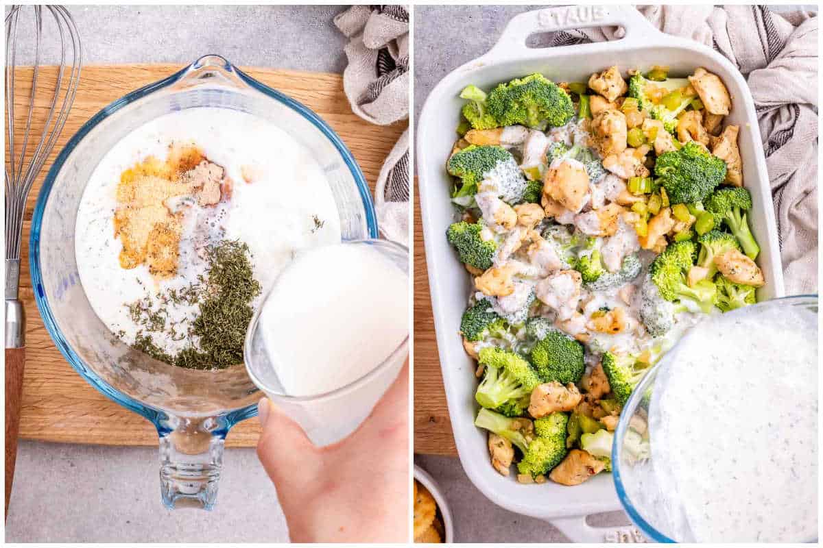 process shot of making the sauce for the chicken divan and adding it over the large chicken and veggies in the dish.