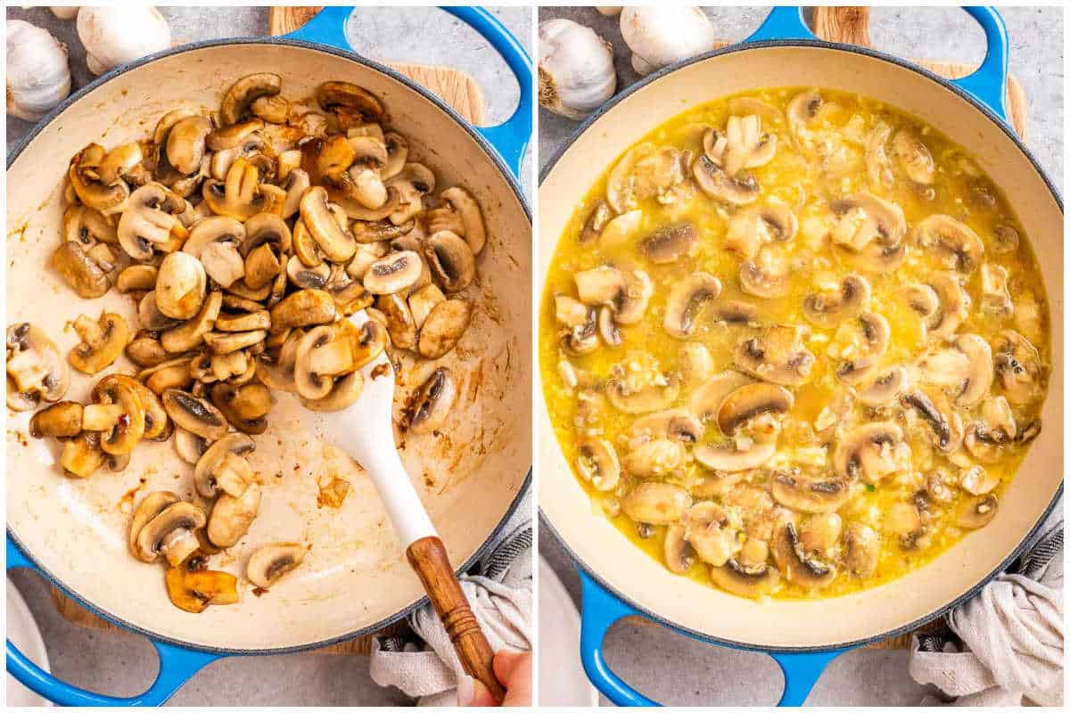 process shot of searing mushrooms in a pan and then making mushroom sauce.