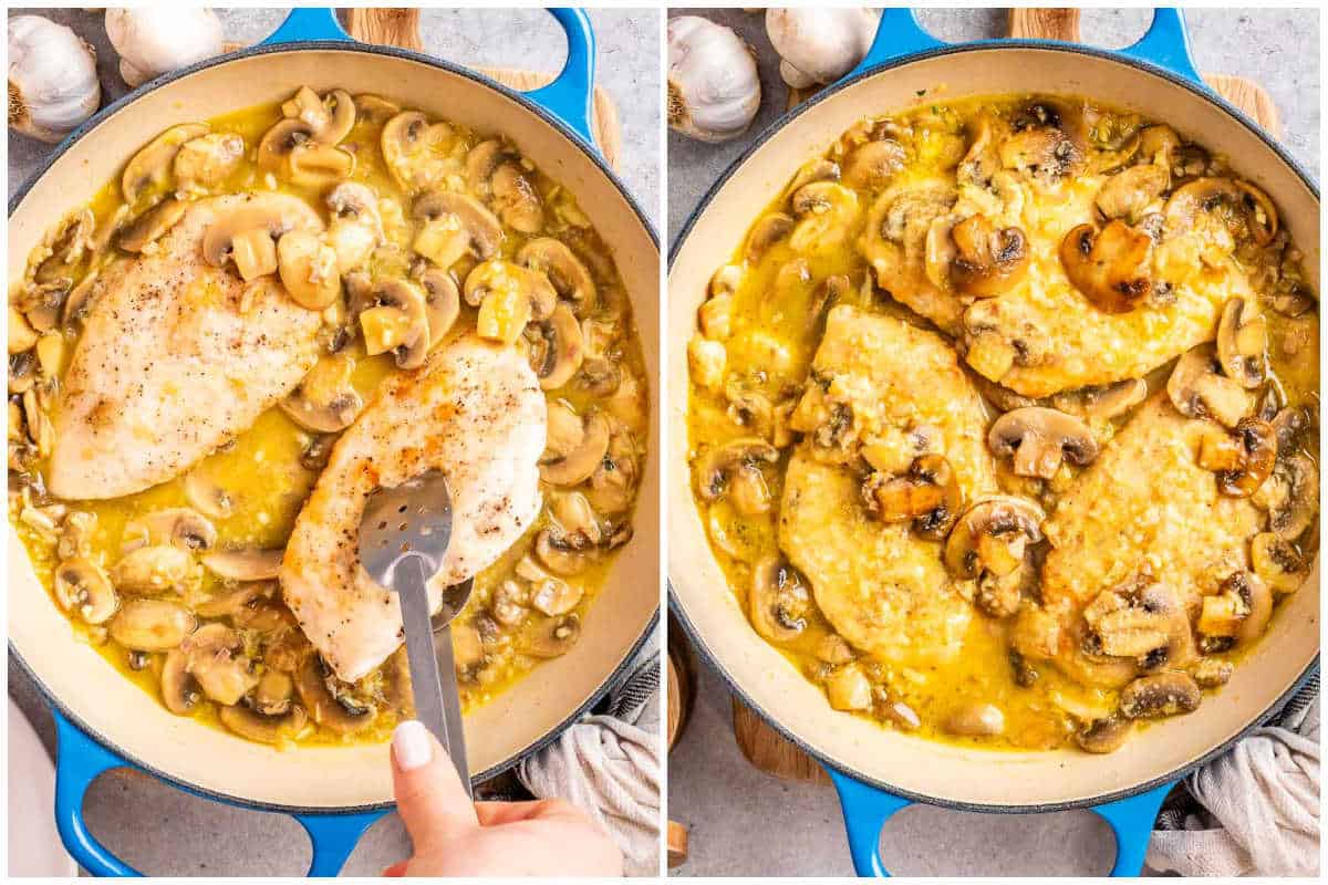 process shot to adding cooked chicken breast in the lemon mushroom sauce in skillet.