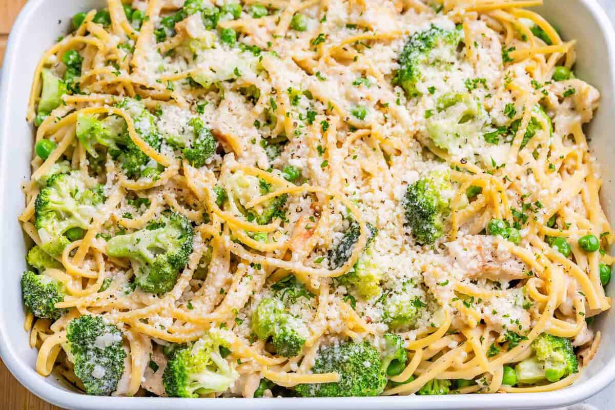 chicken tetrazzini in a white dish.