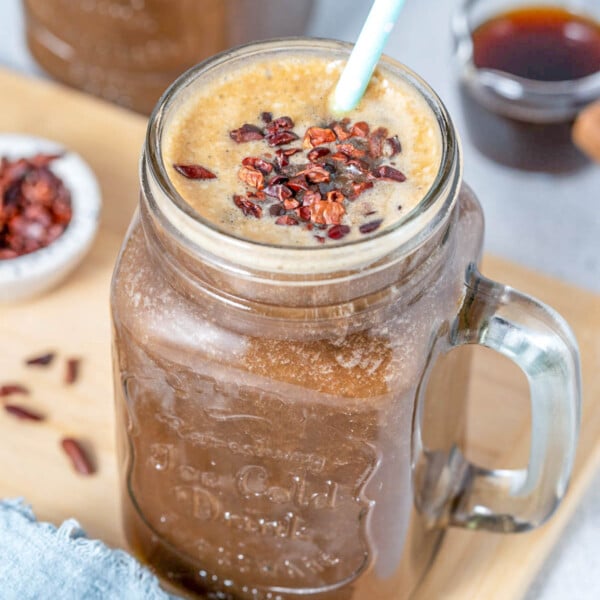 a jar with coffee protein shake.