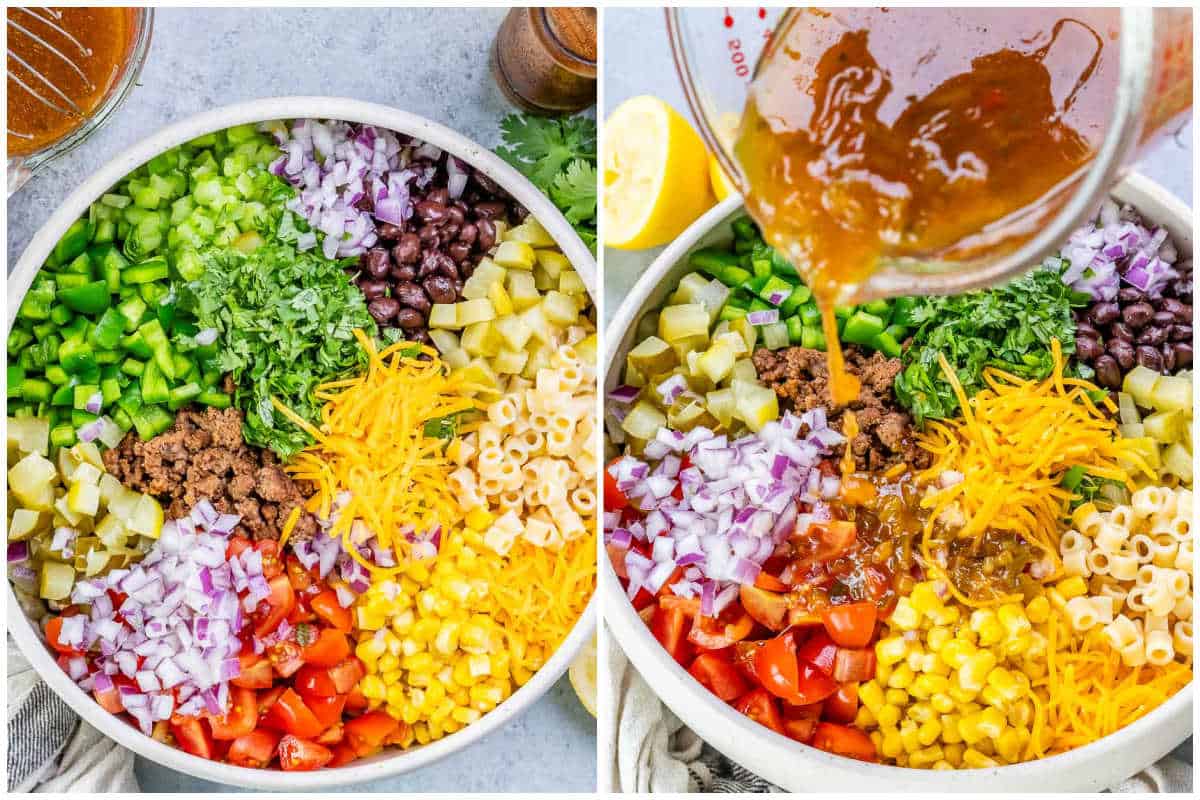 process shot of assembling the pasta salad and adding the dressing over the salad.