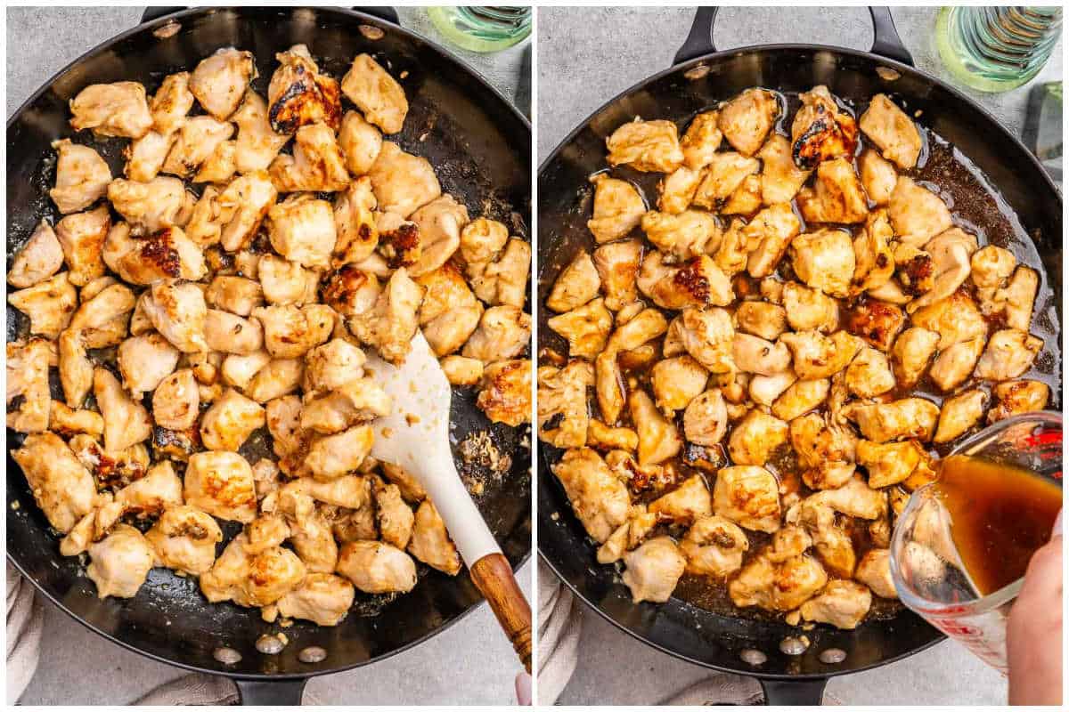 process shot to cook the chicken in a pan and then adding the hoisin sauce.