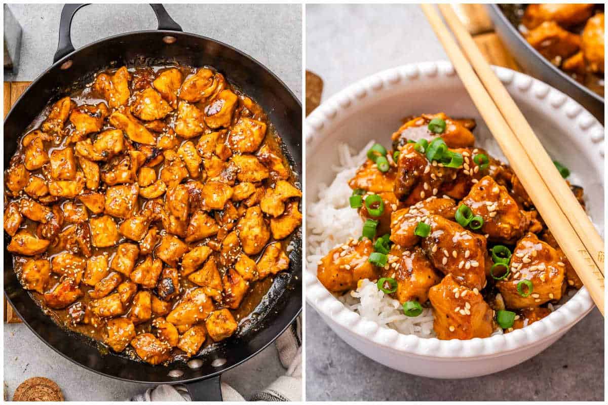 process shot to make the hoisin chicken in pan and adding it over rice in a bowl.