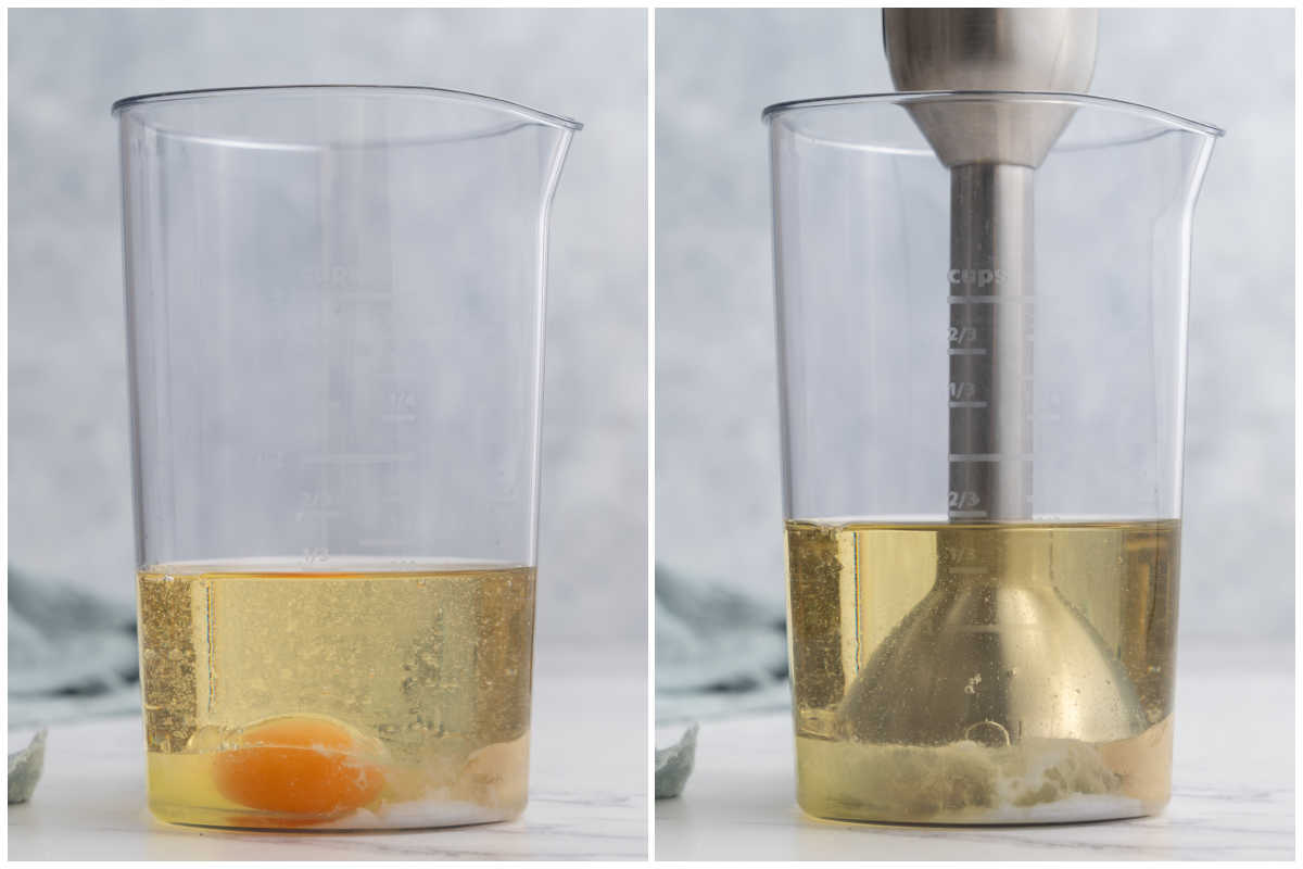 ingredients for homemade mayo placed in a jar to be blended.