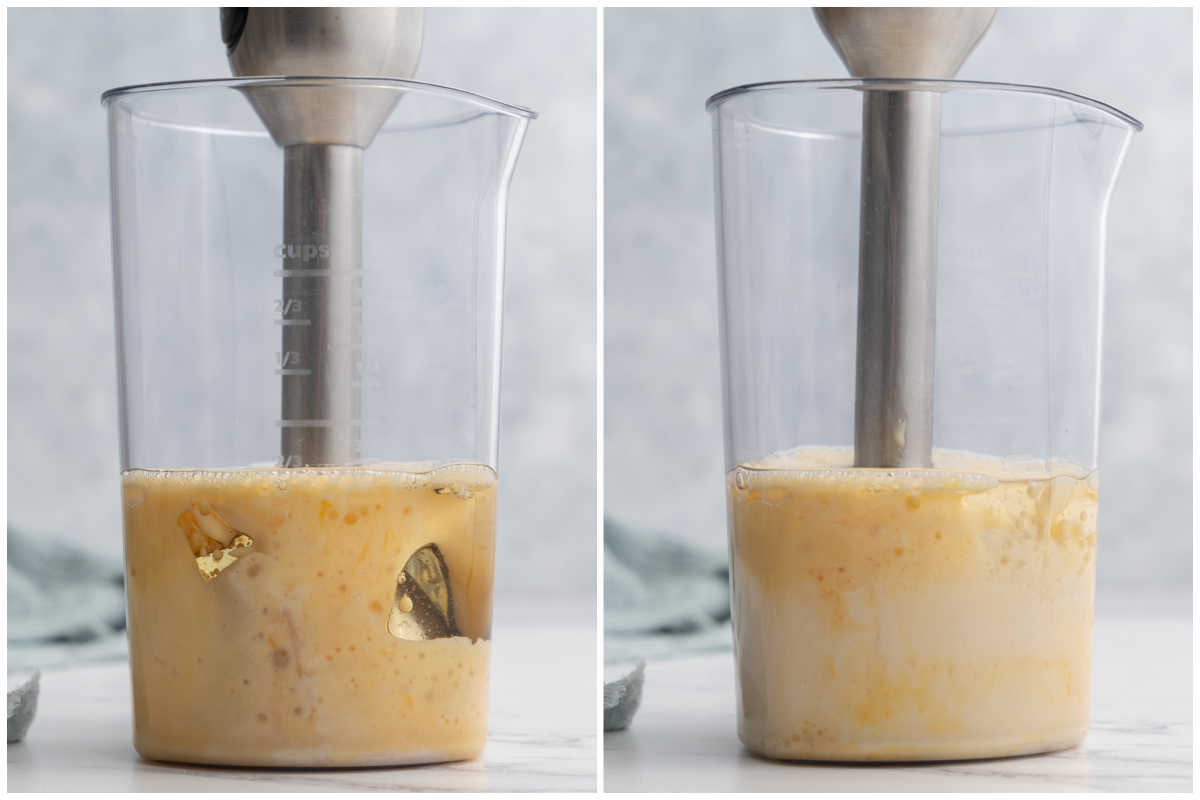 blending the ingredients in a jar to make homemade mayo.