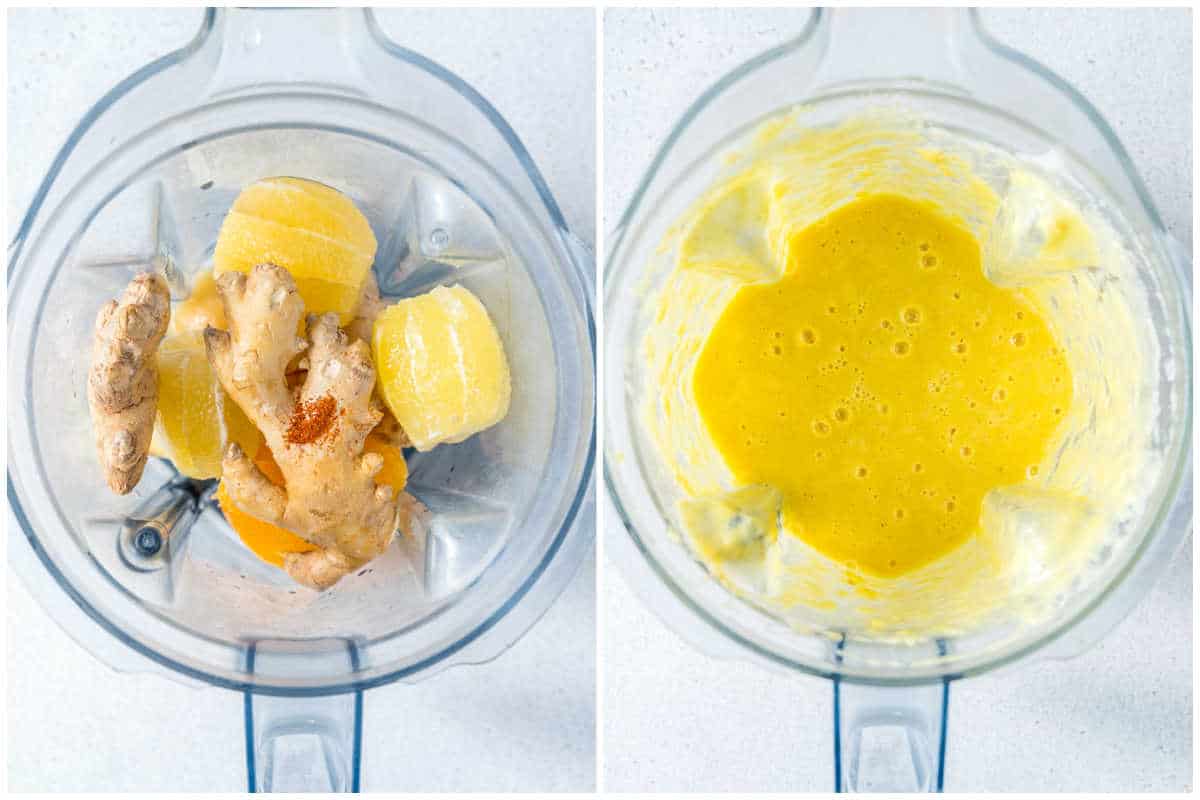 process shot to blending the ingredients for lemon ginger shots in blender.