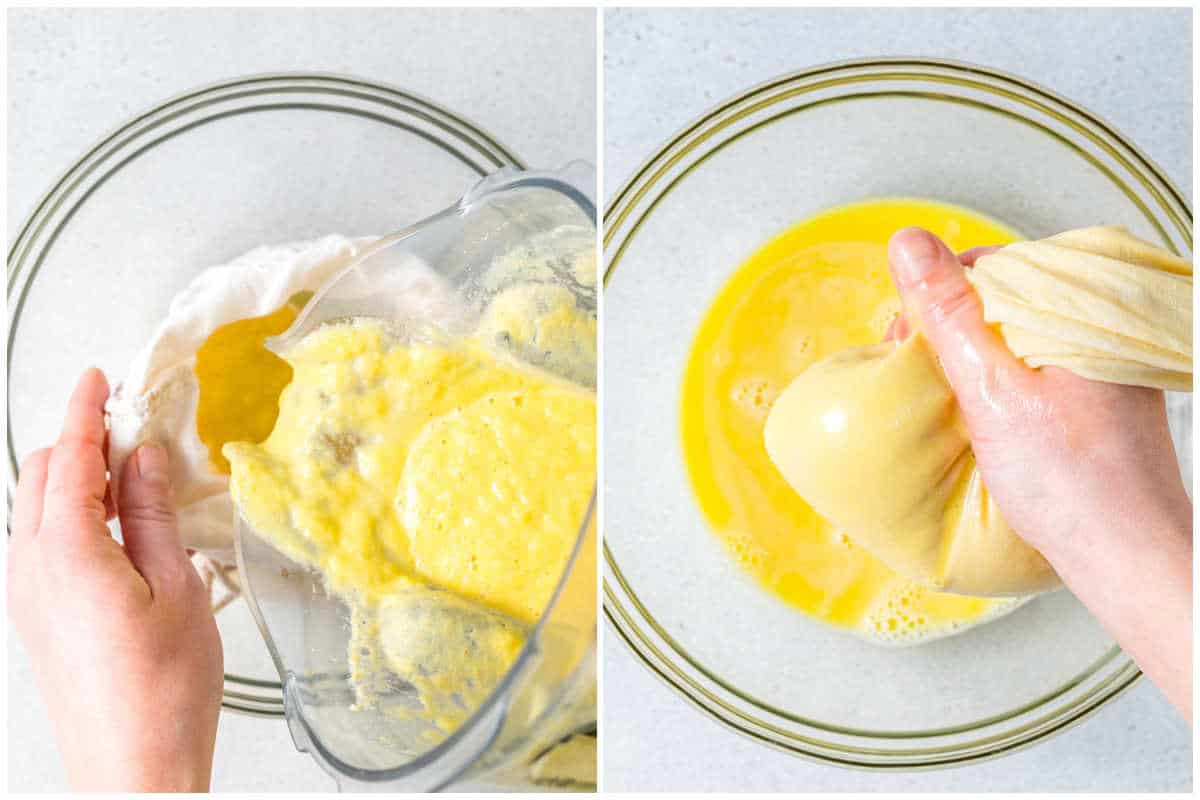 process shot of straining the lemon ginger shot.