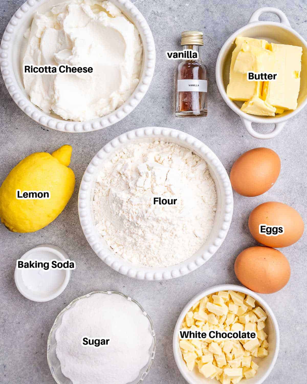 ingredients to make lemon ricotta cake.