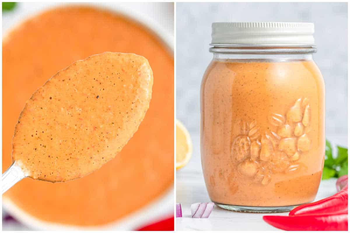 process shot to adding the sauce in a bowl and storing in a jar.