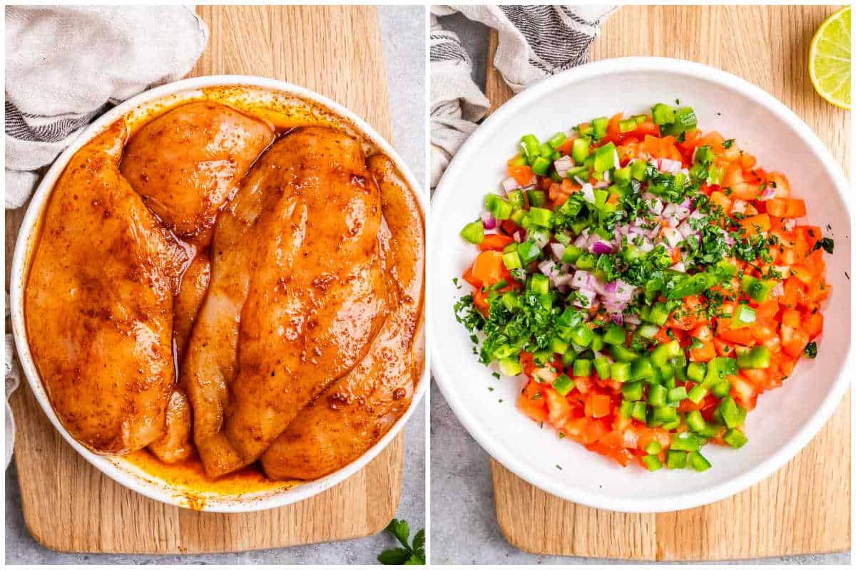 process shot to season the chicken breasts, then make the salsa in a bowl.