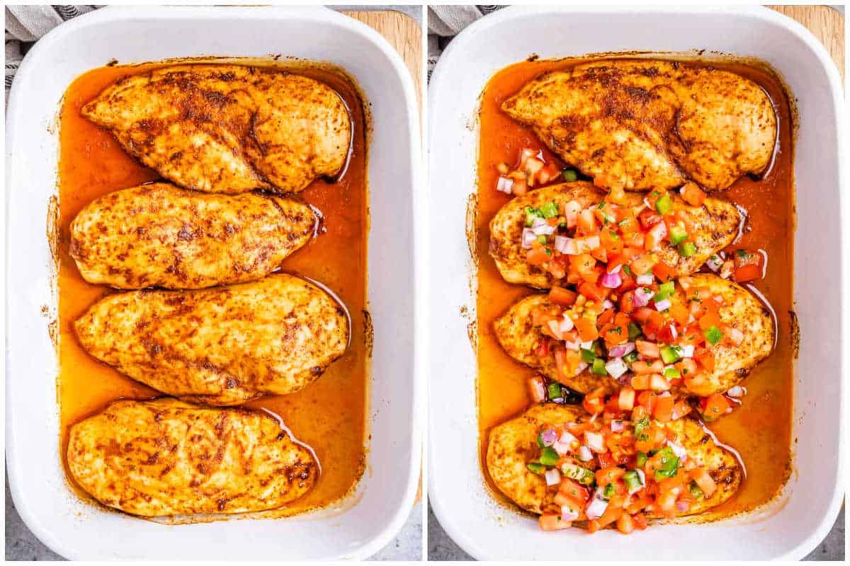 process shot to bake the chicken in a dish and adding fresh salsa over the chicken.