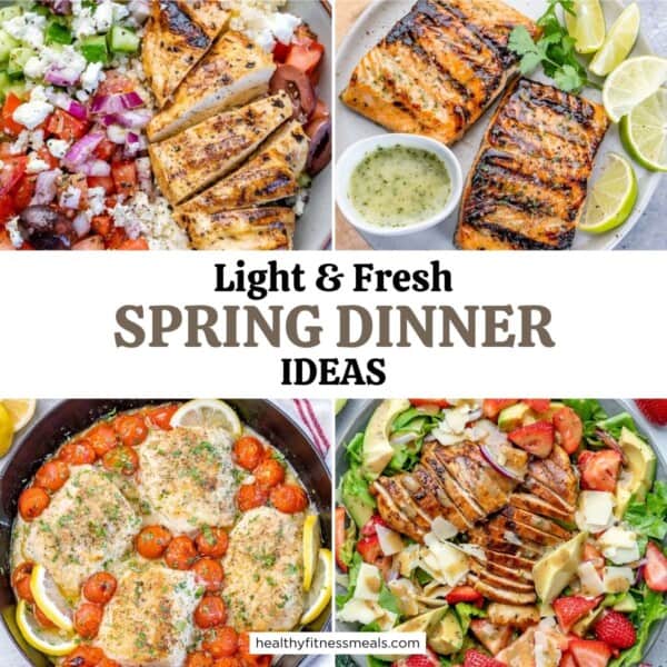 collage of 4 recipe images for spring dinner recipe roundup.