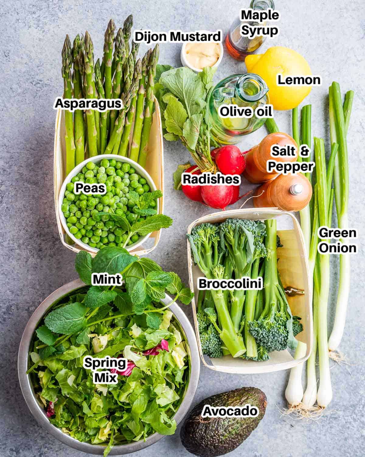 Ingredients to make a spring mix salad.