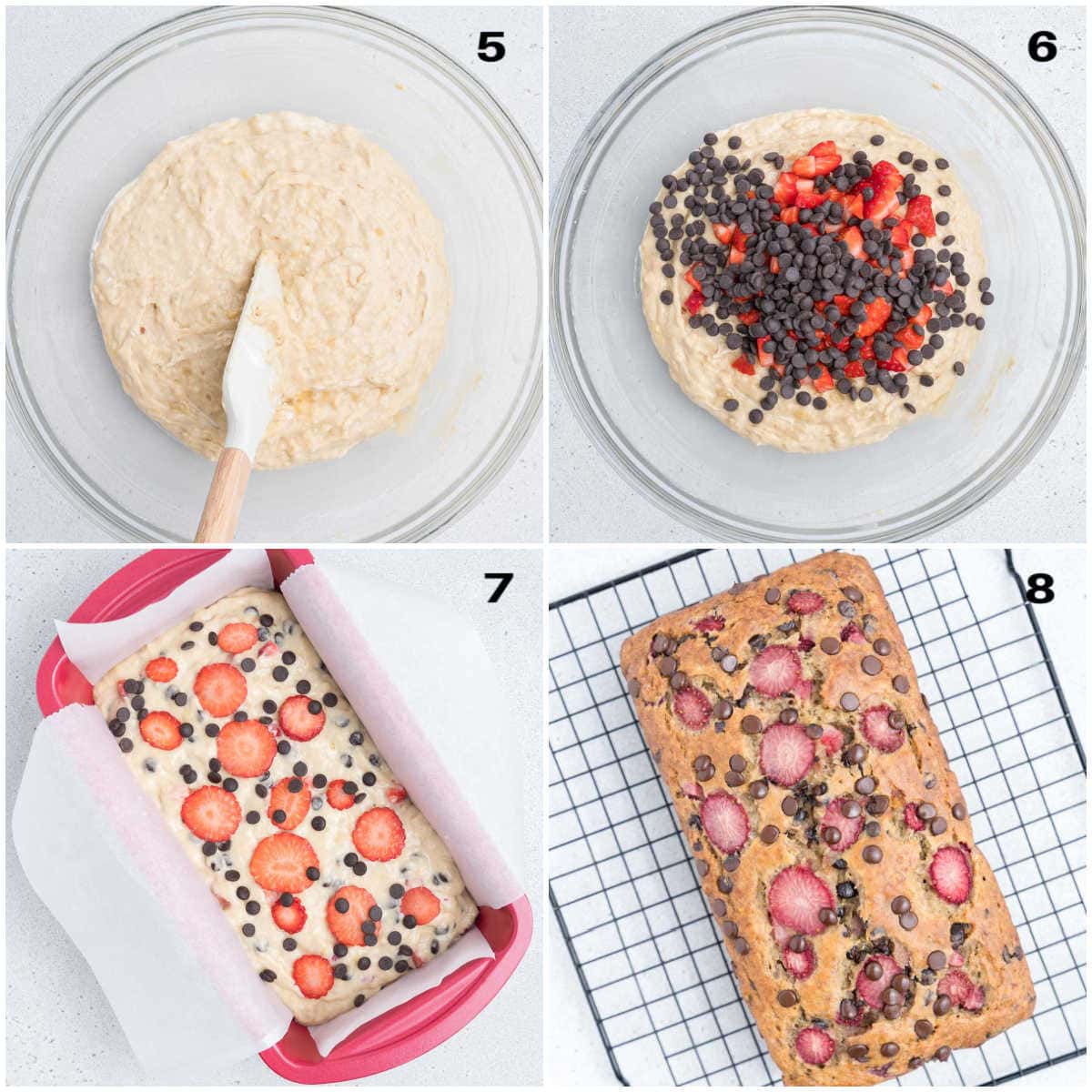 process shot to ad in the strawberries and chocolate chip, then add to pan and bake.