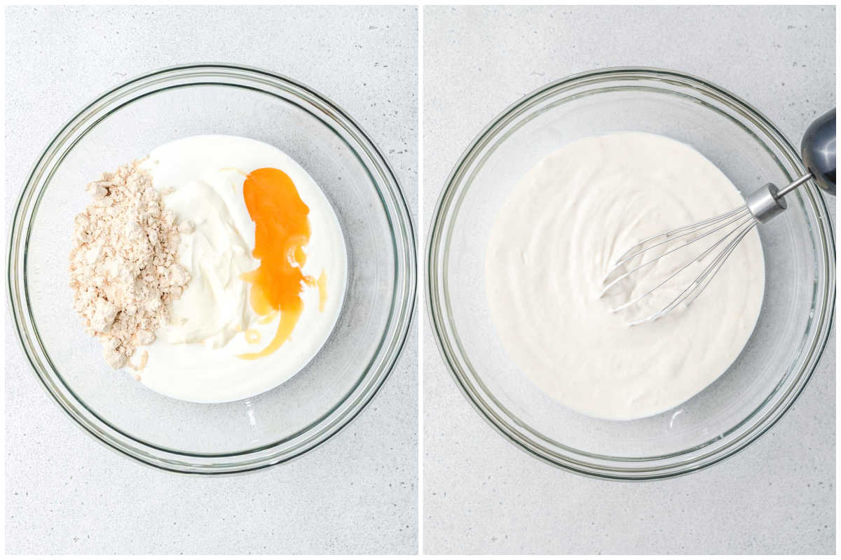 process shot of mixing the yogurt cream cheese, protein powder, and honey in a bowl.