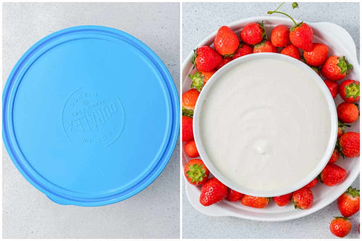 process shot of storing the fruit dip in a bowl and then serving with fresh strawberries.
