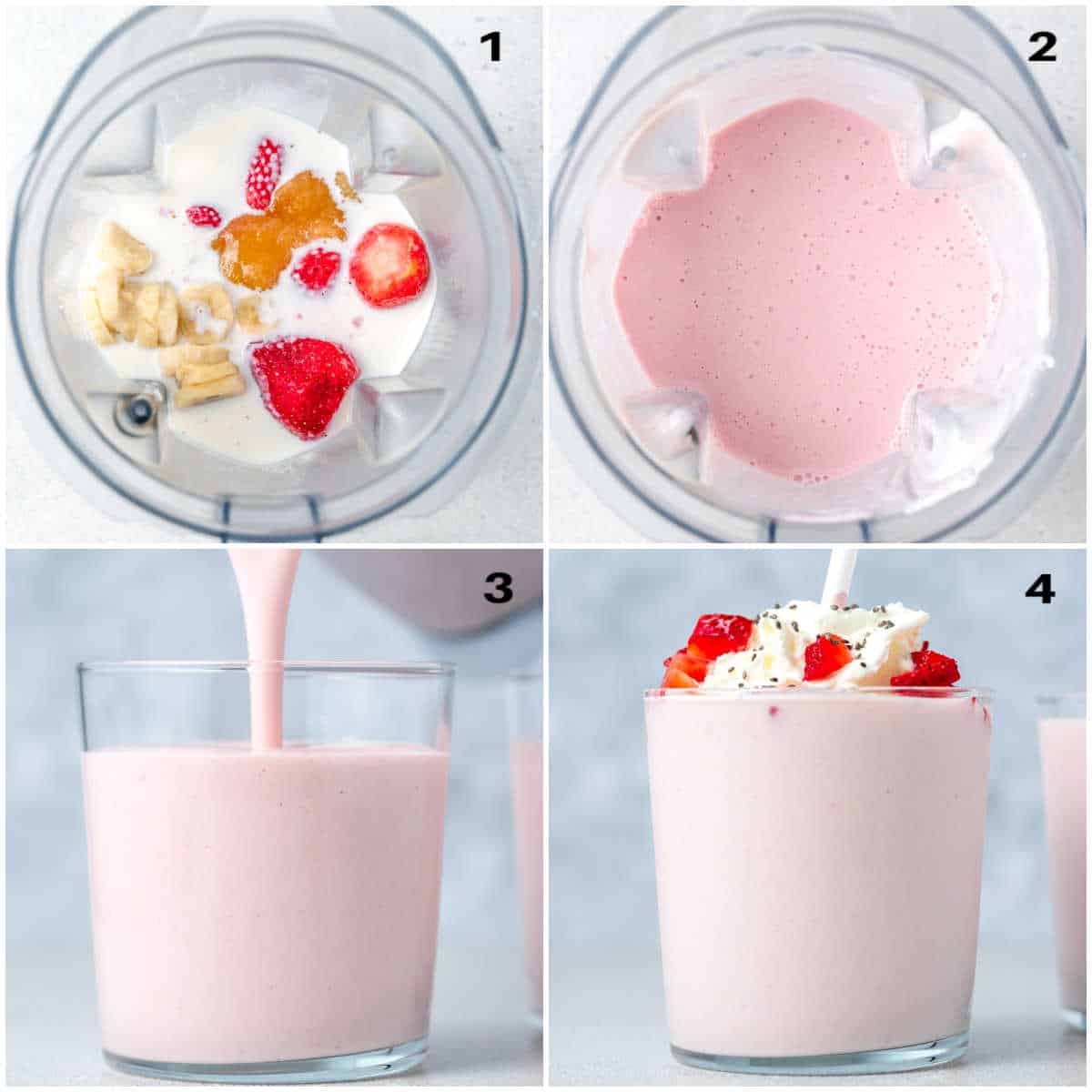 collage to make strawberry smoothie by adding to blender, blending it, and pouring in a cup.