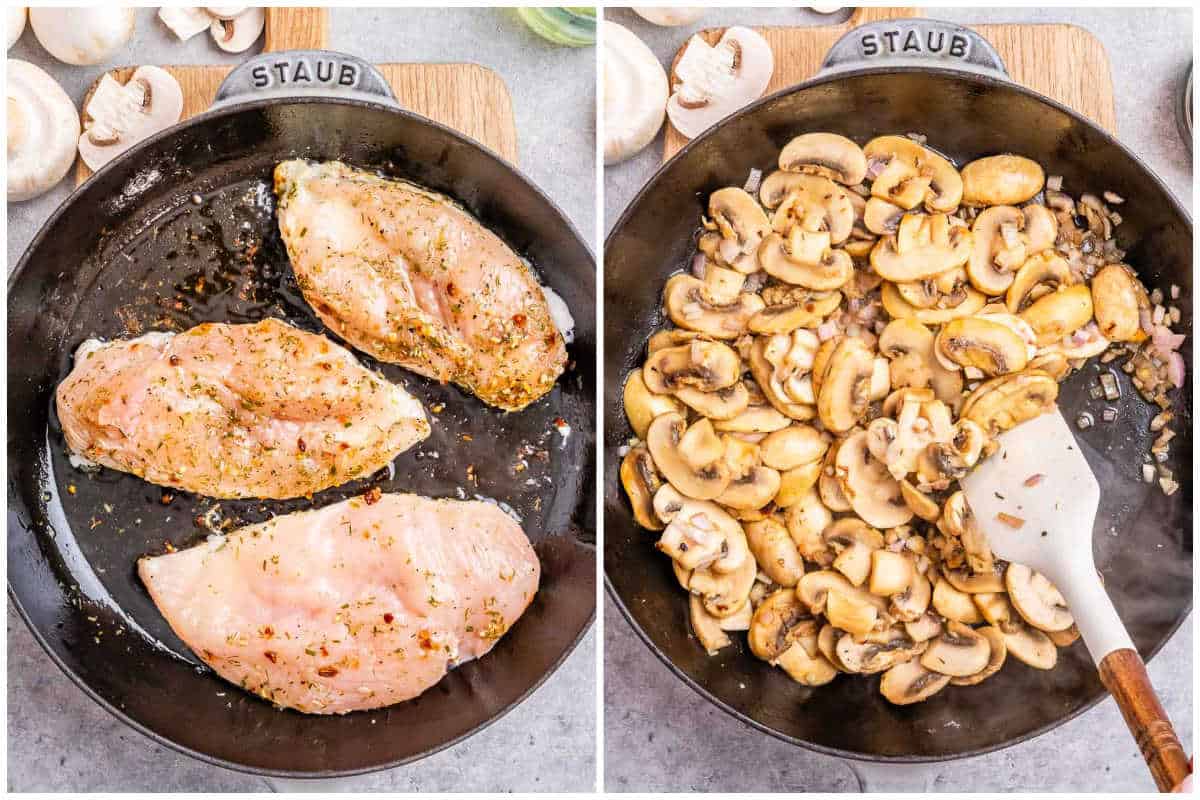 process shot to cook chicken breast on pan and making the mushroom sauce.