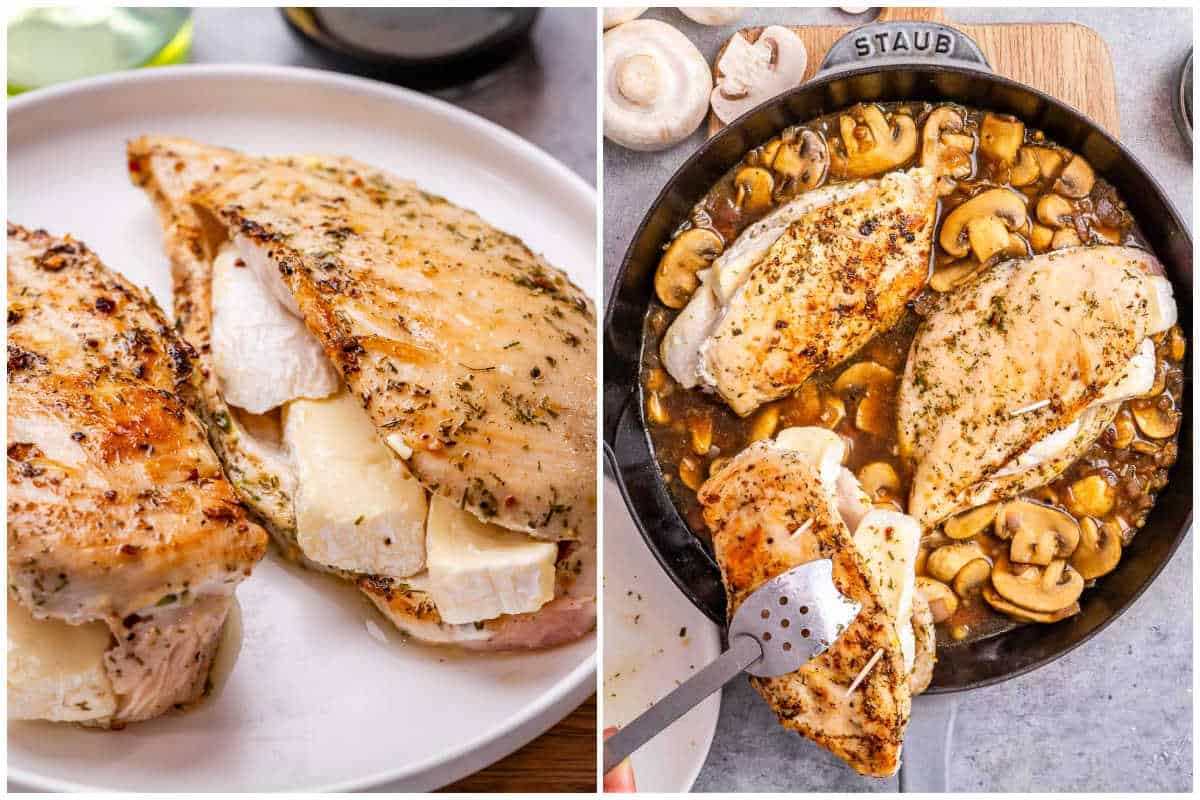process shot to stuff the chicken breast with cheese and add it back into the mushroom sauce in the pan.