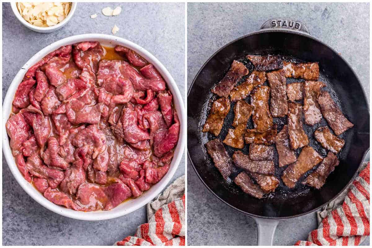 process shot to marinate the beef in a bowl and then cooking it in a skillet.