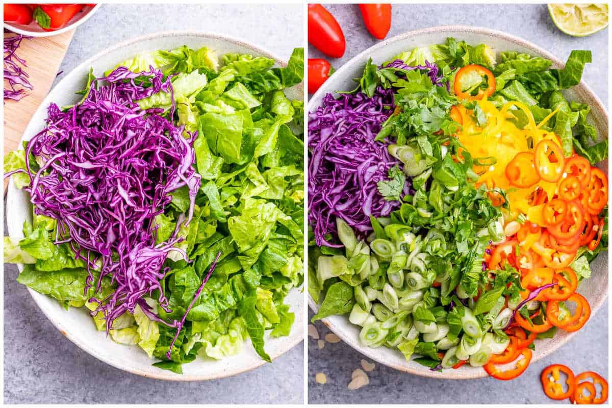 process shot to assemble the salad ingredients in a bowl.