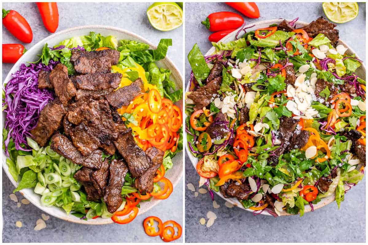 process shot to add the steak over the salad bowl and add all the garnishes.