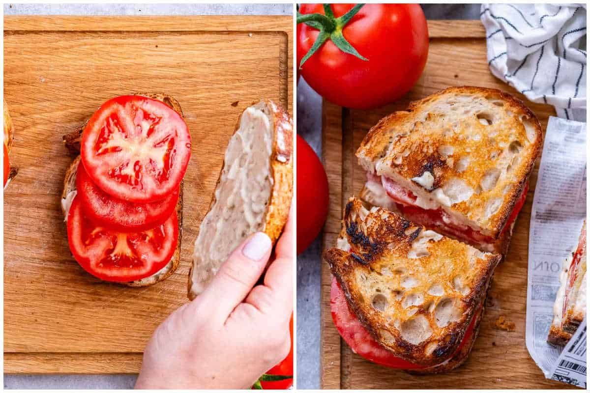 process shot to assemble the sandwich and slicing in half.