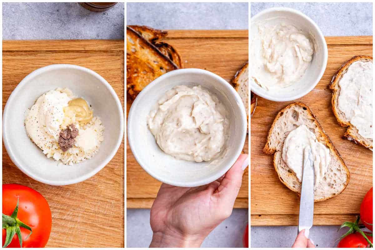 Process shot to make the creamy spread for the tomato sandwich.