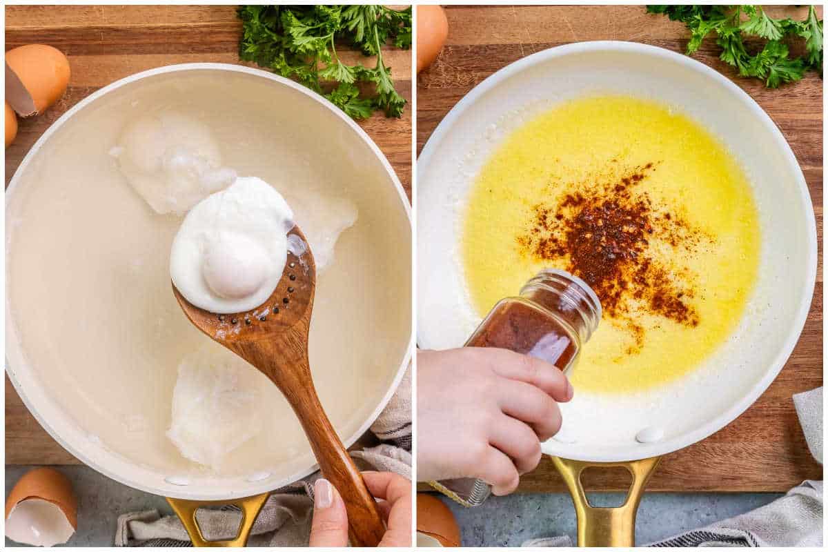 process shot to poach eggs and adding seasoning in oil on a skillet.