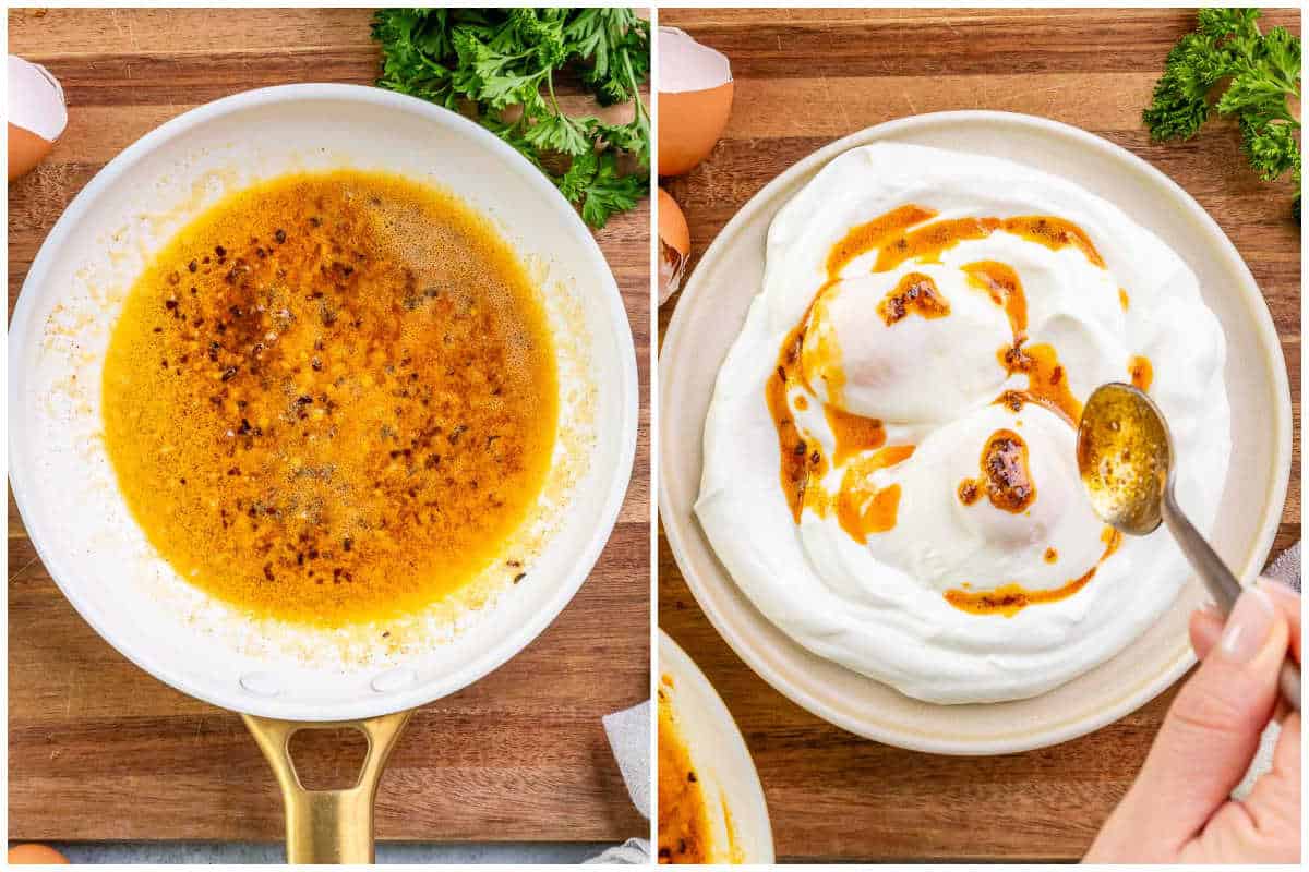 process shot of the chili oil sauce and poached eggs over garlic yogurt.
