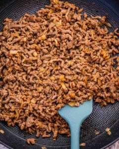cooked ground beef in a pan.