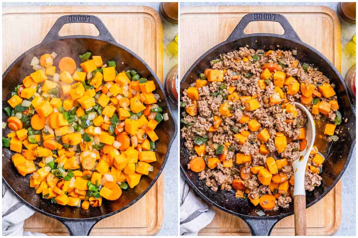 process shot to cook the veggies and the ground beef in a skillet for the Mexican picadillo dish.