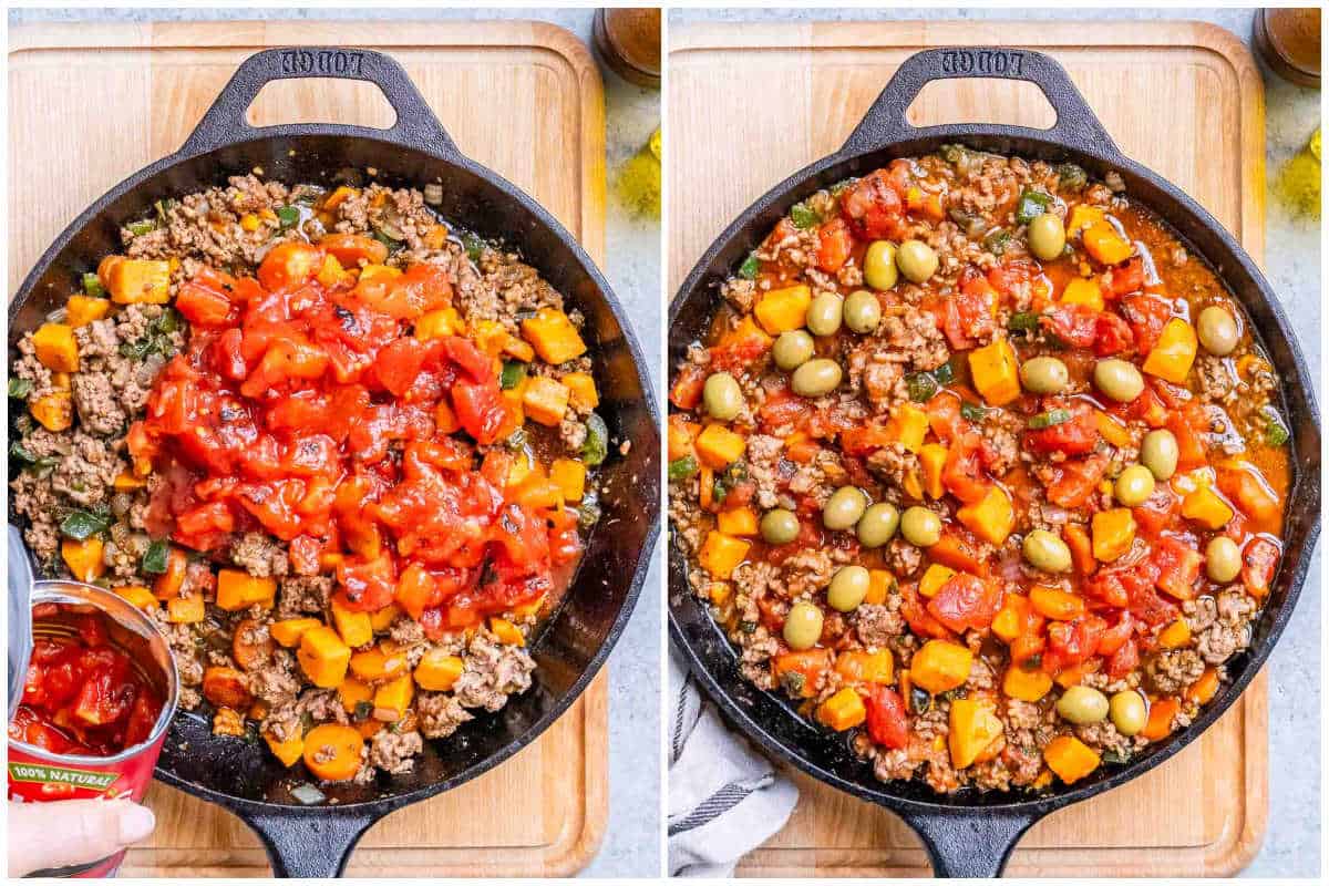 process shot of adding the tomatoes over the ground beef and veggies in a skillet.