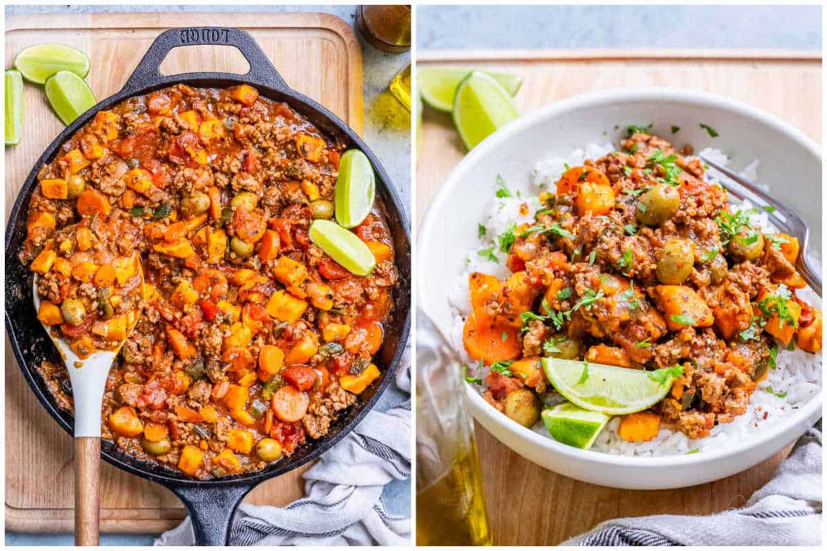 process shot of cooking the mexican picadillo and serving it over rice in a bowl.