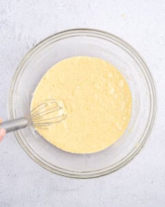 pancake batter whisked into a bowl.