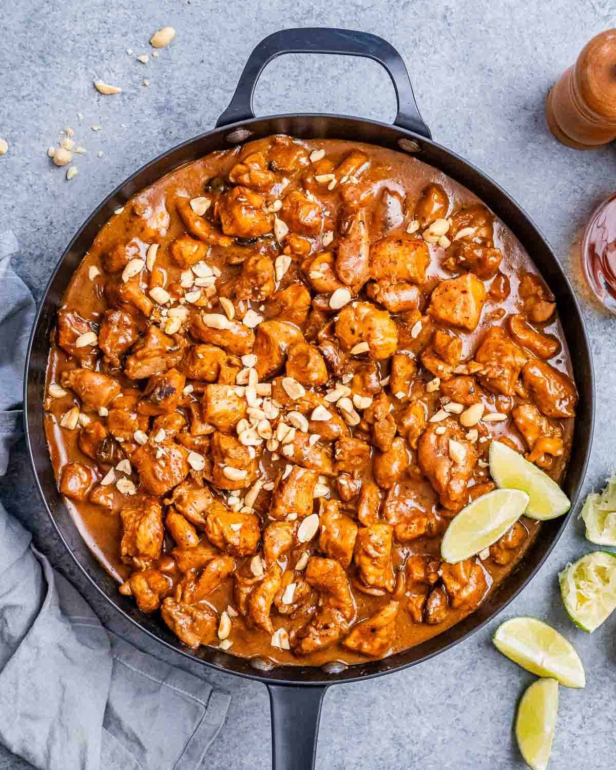 peanut butter chicken in a skillet.