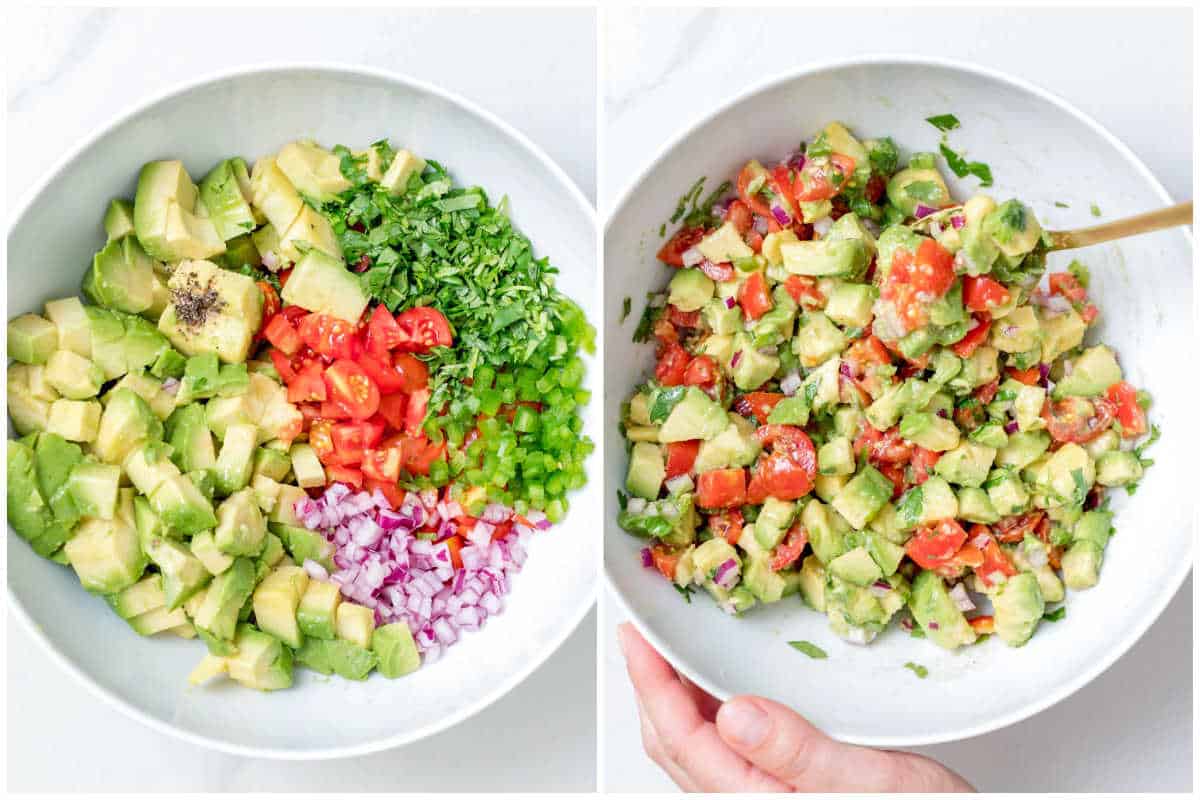 process shot to add the avocado salsa ingredients in a bowl.