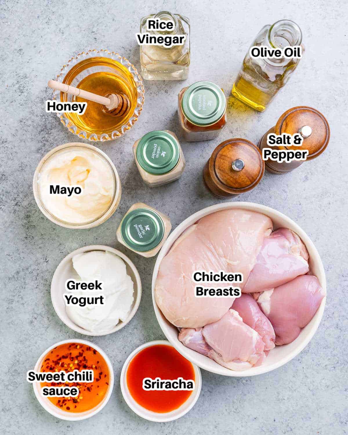 ingredients for Bang Bang chicken skewers.