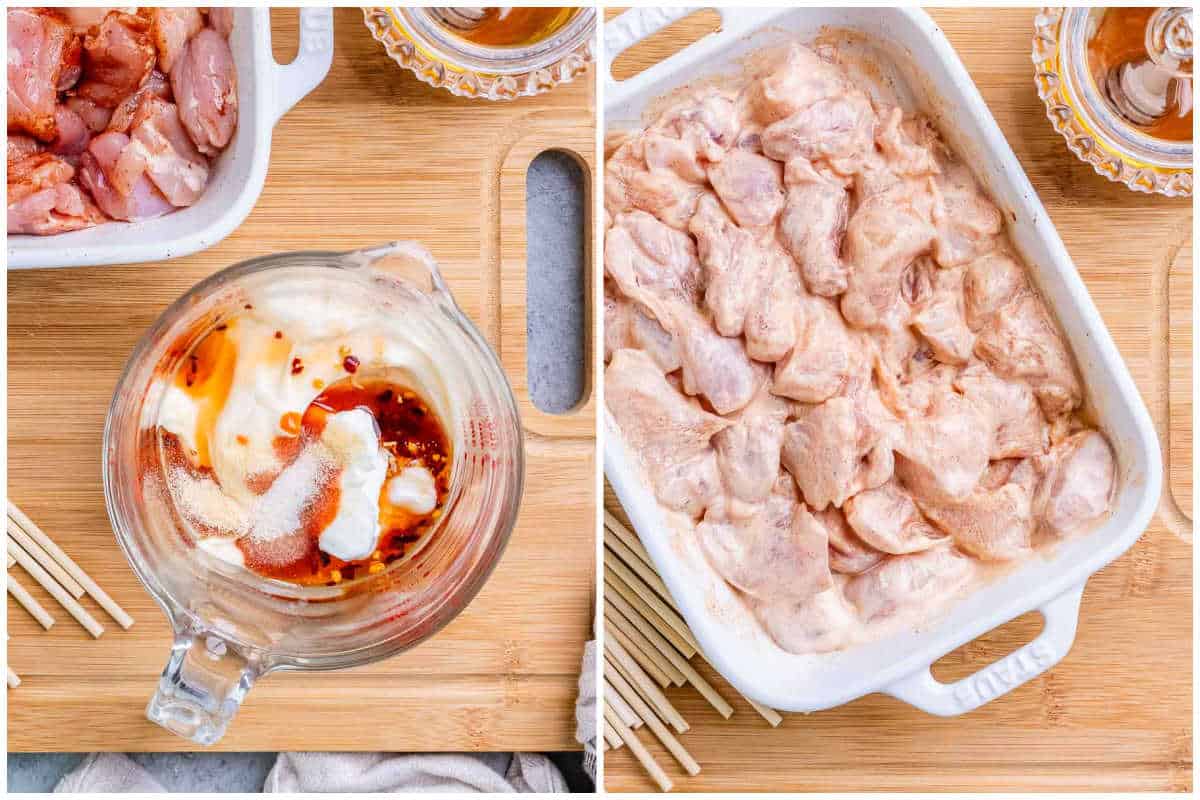 process shot to make the dressing got the chicken and then marinating the chicken bites.