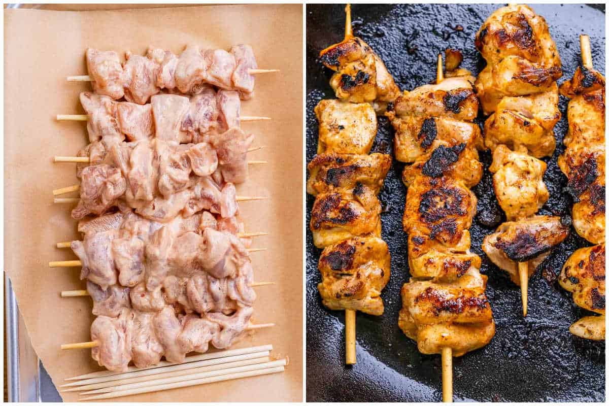process shot to add the chicken onto skewers and then cooking in a skillet.