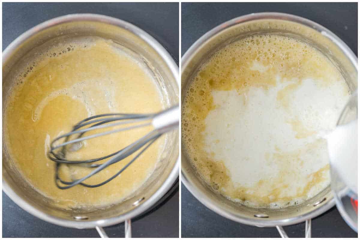 process shot of adding milk into the butter and flour in pan.