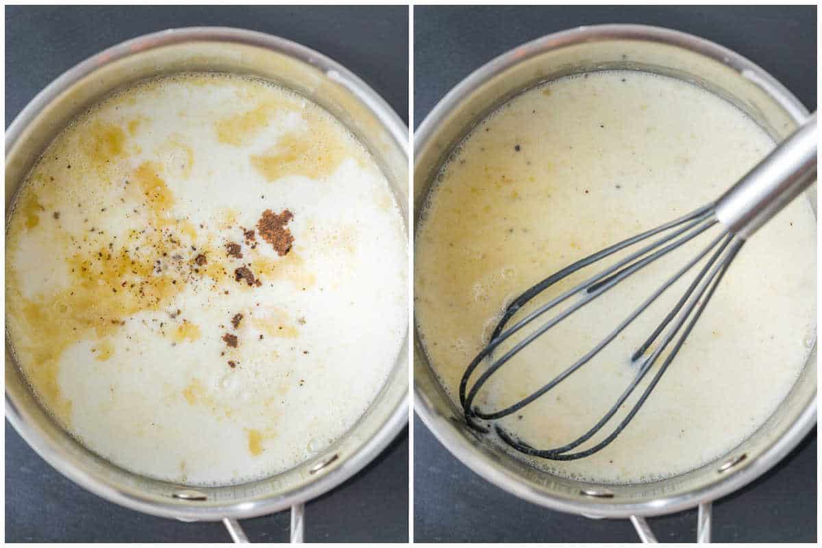 process shot to add seasoning in the bechamel sauce.